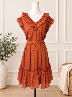 Ryegrass Women’s XXL Rust Orange Ruffle Tie Waist Boho Dress